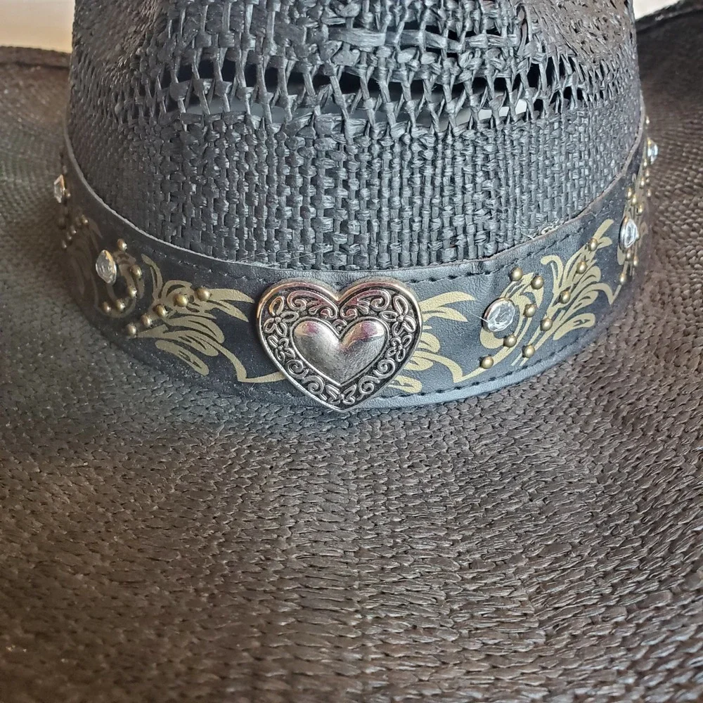 O'Ryan Hat Company Black Straw Cowboy Hat Heart Concho Rhinestone small